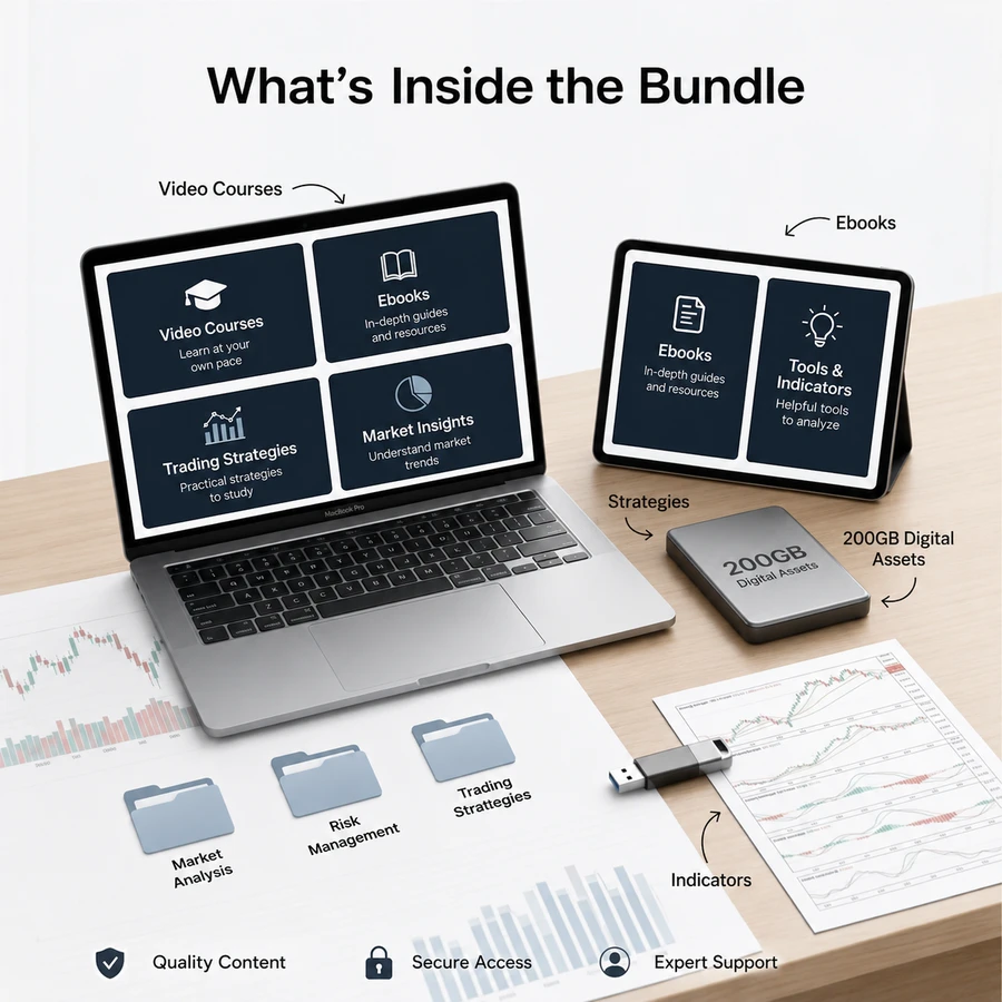 What's inside the bundle: video courses, ebooks, strategy folders and 200GB of digital assets